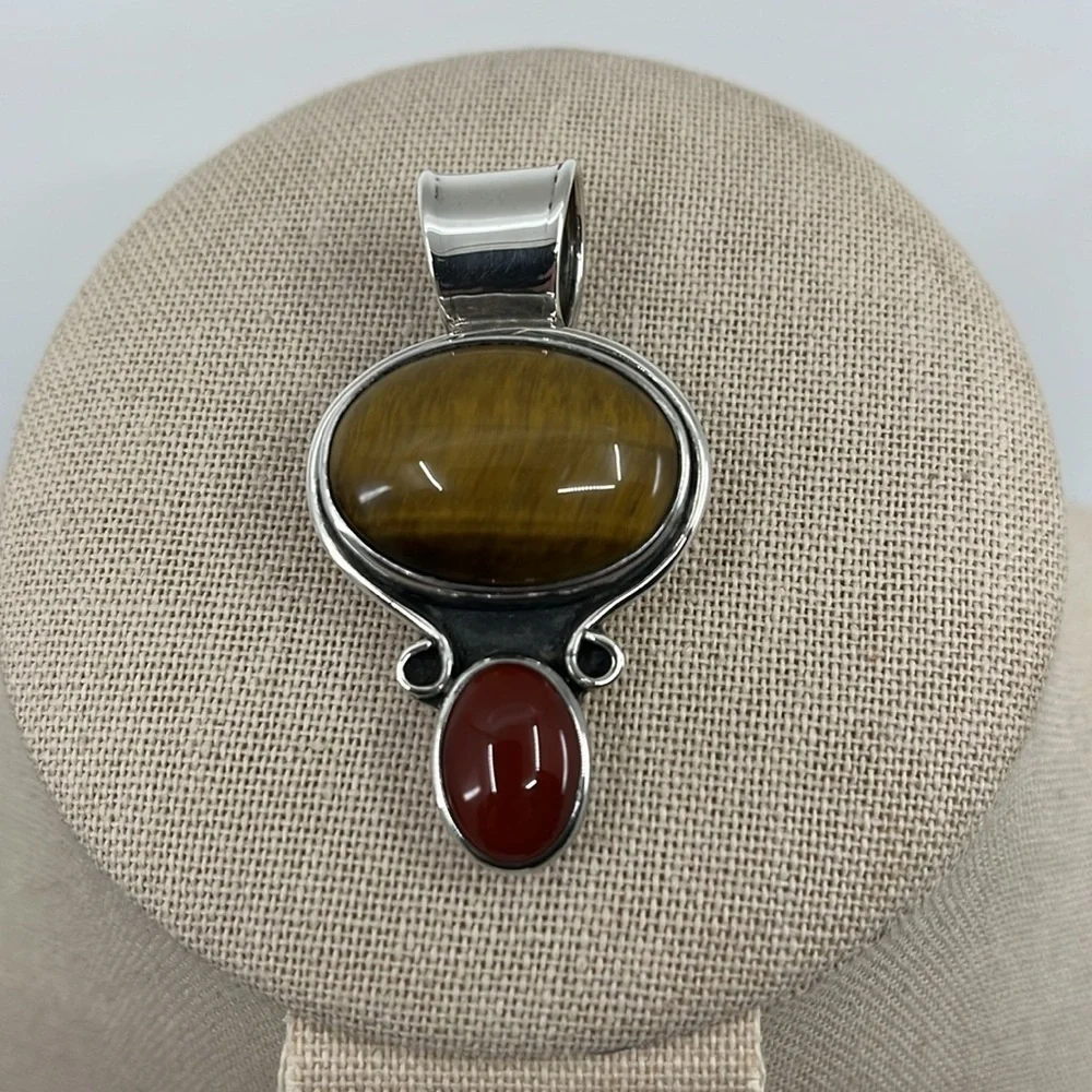 Vintage CII Mexico 925 Sterling Tiger's Eye & Carnelian Pendant Heavy 18.4g - Picture 7 of 16